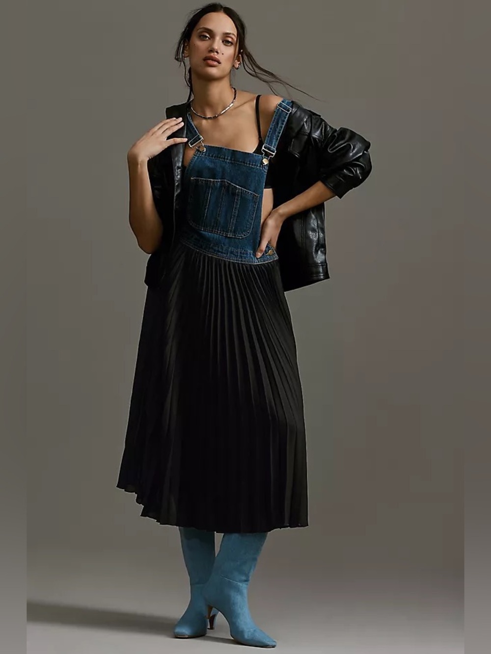 NWT Anthropologie Porridge Pleated Denim Overall Dress | Size S